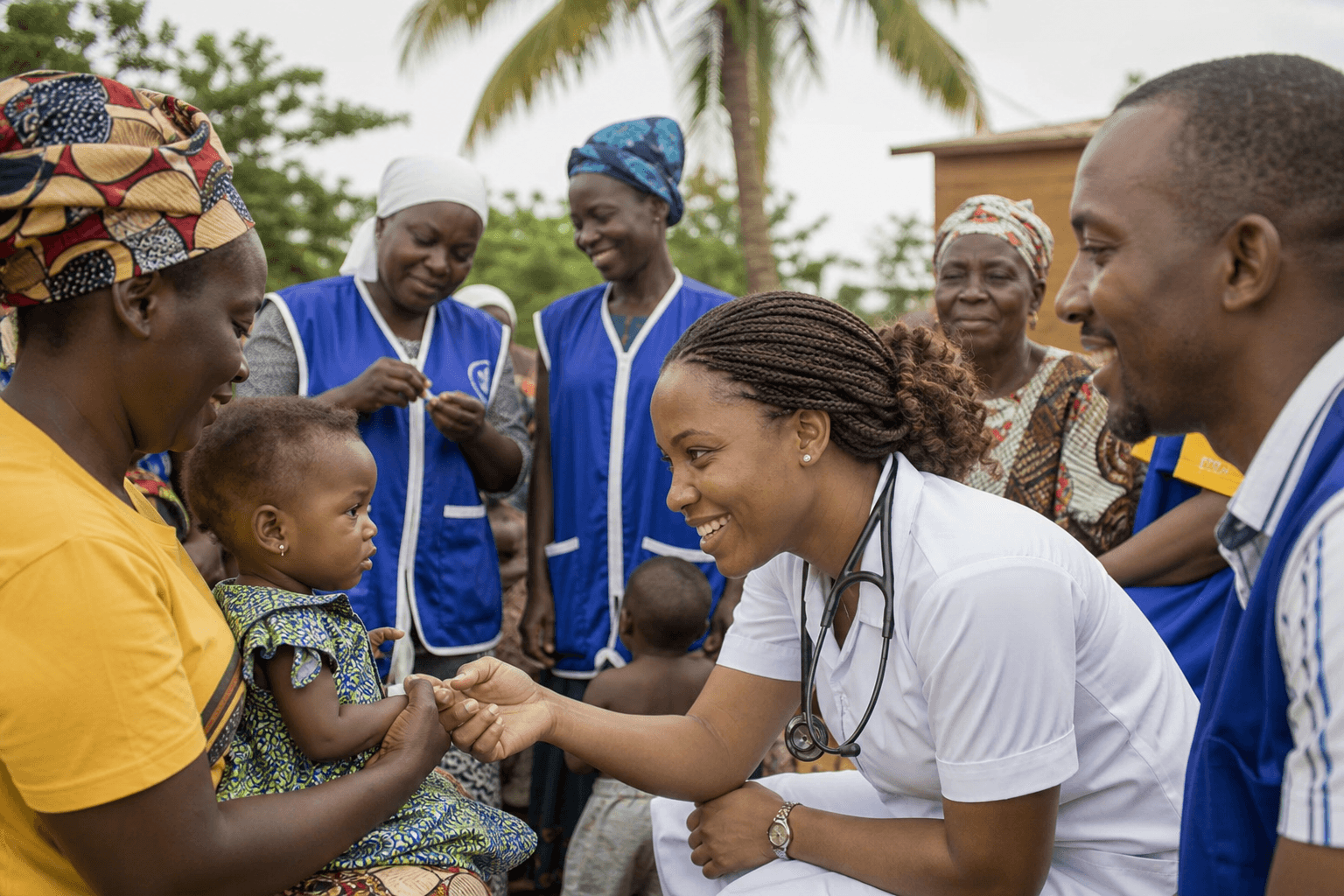 Community health volunteers serving families during outreach