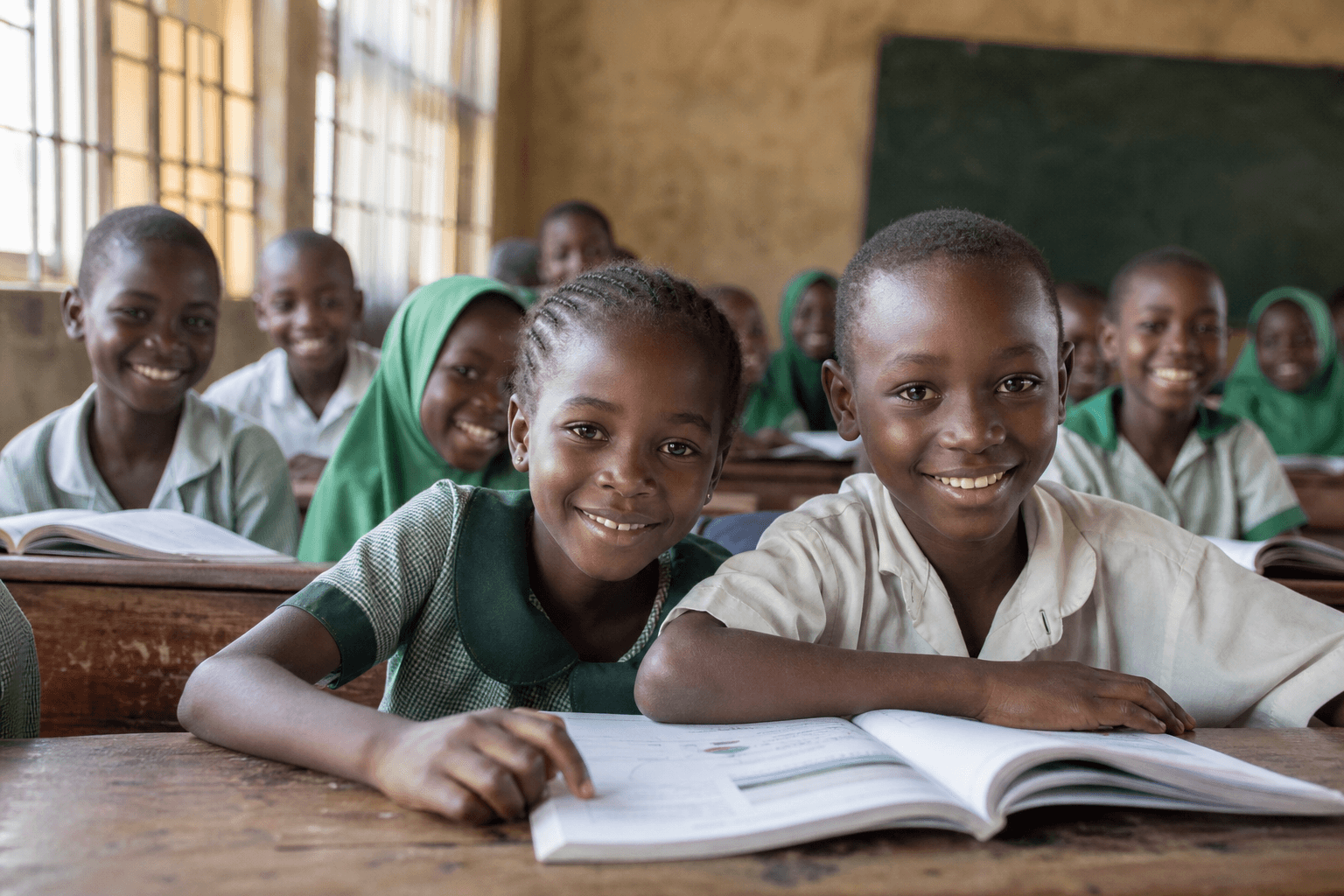 Smiling African children learning together in a classroom
